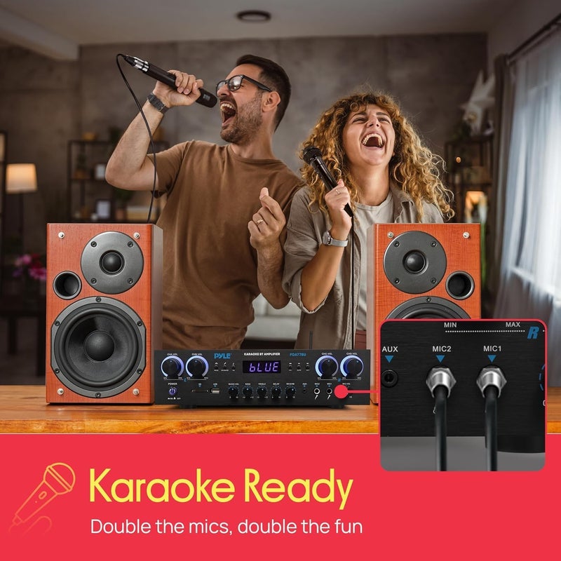Pyle Bluetooth Home Stereo Amplifier Receiver - 4 Channel, 800 Watt Karaoke Sound System w/ MP3,USB,SD,AUX,RCA,FM,MIC, Headphone, Reverb + Delay, LED Vol, for Home, Studio, Theater Speakers - PDA77BU - Image 5